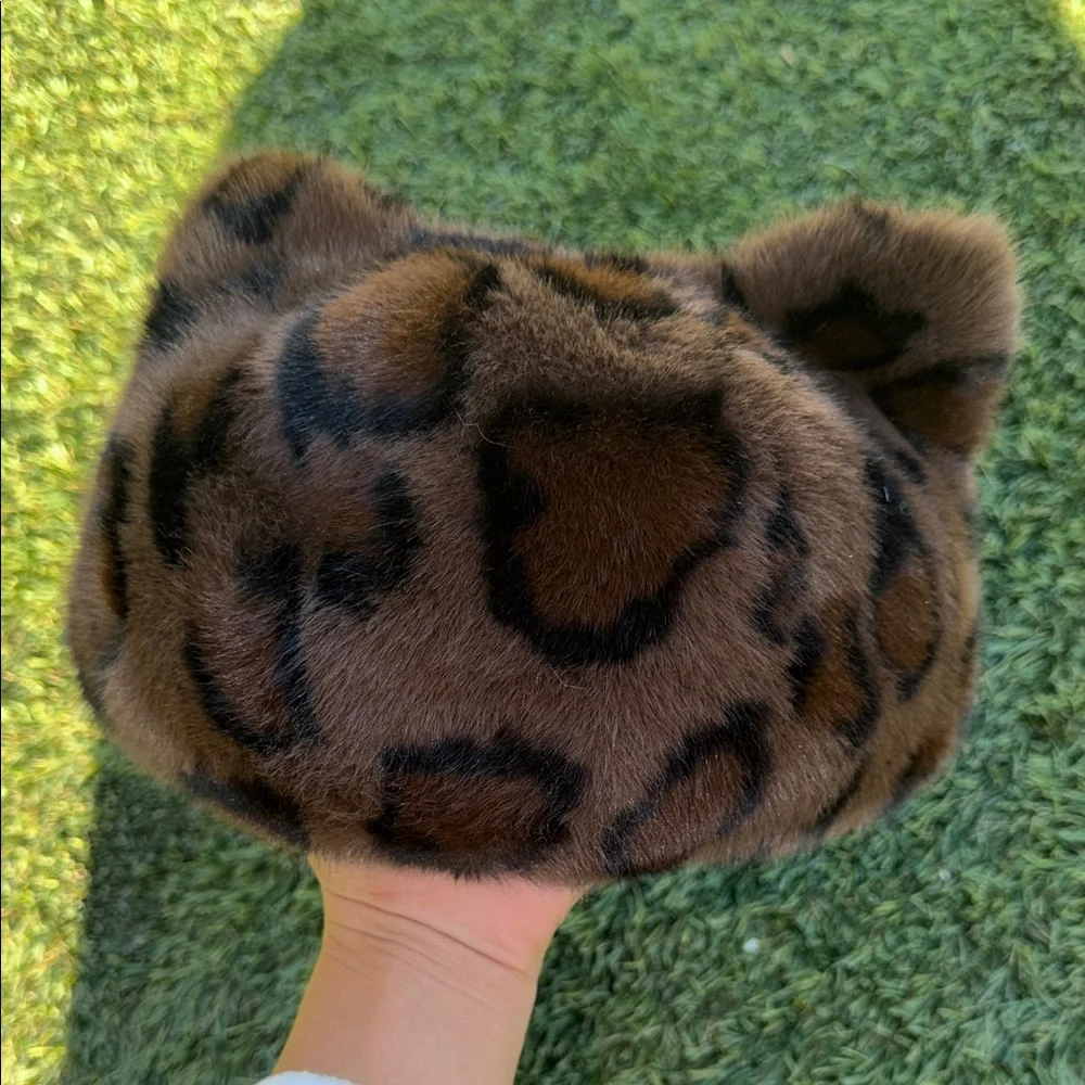 Faux Fur Leopard-Print Ear Cap - Brown